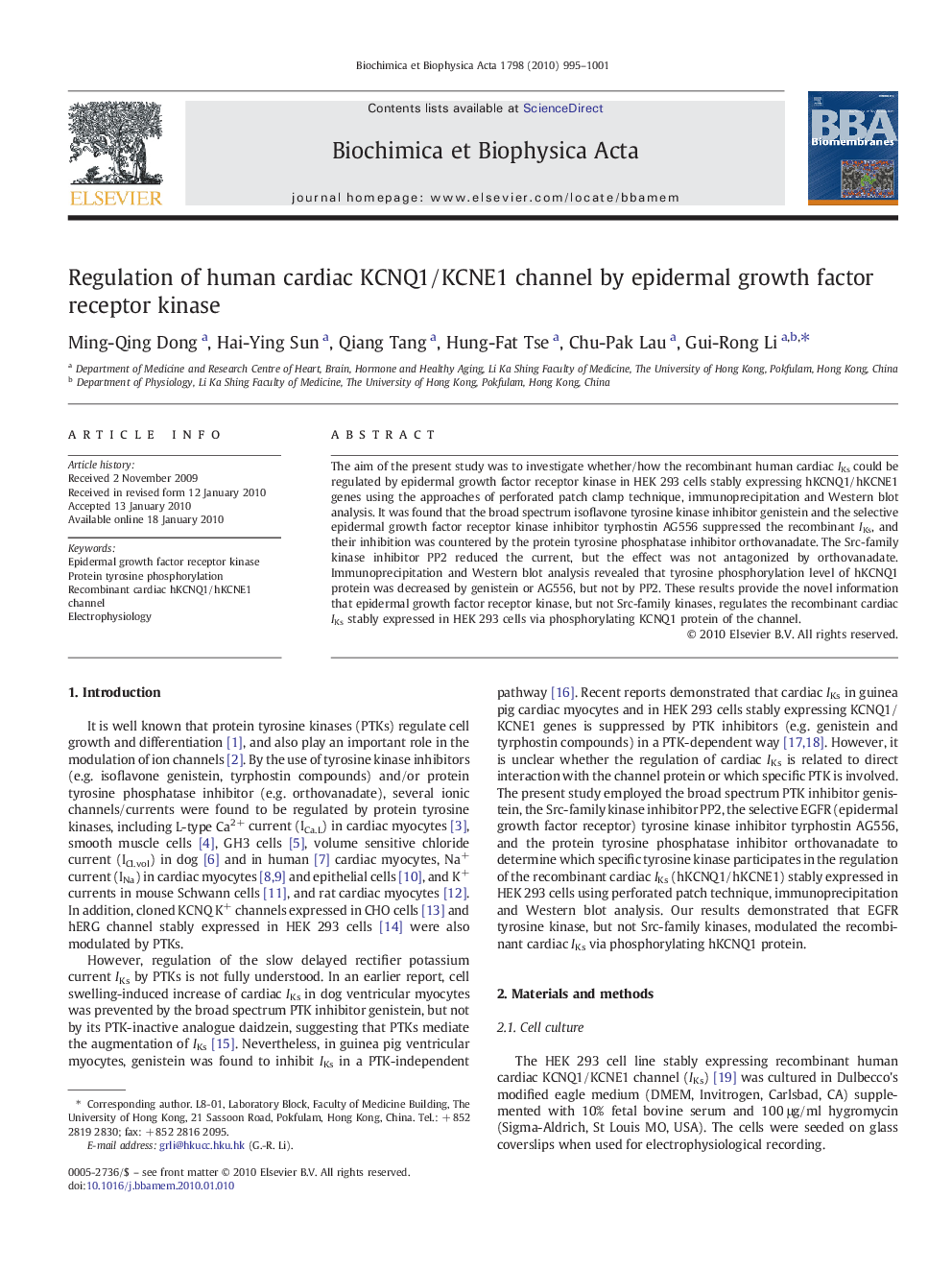 Regulation of human cardiac KCNQ1/KCNE1 channel by epidermal growth factor receptor kinase