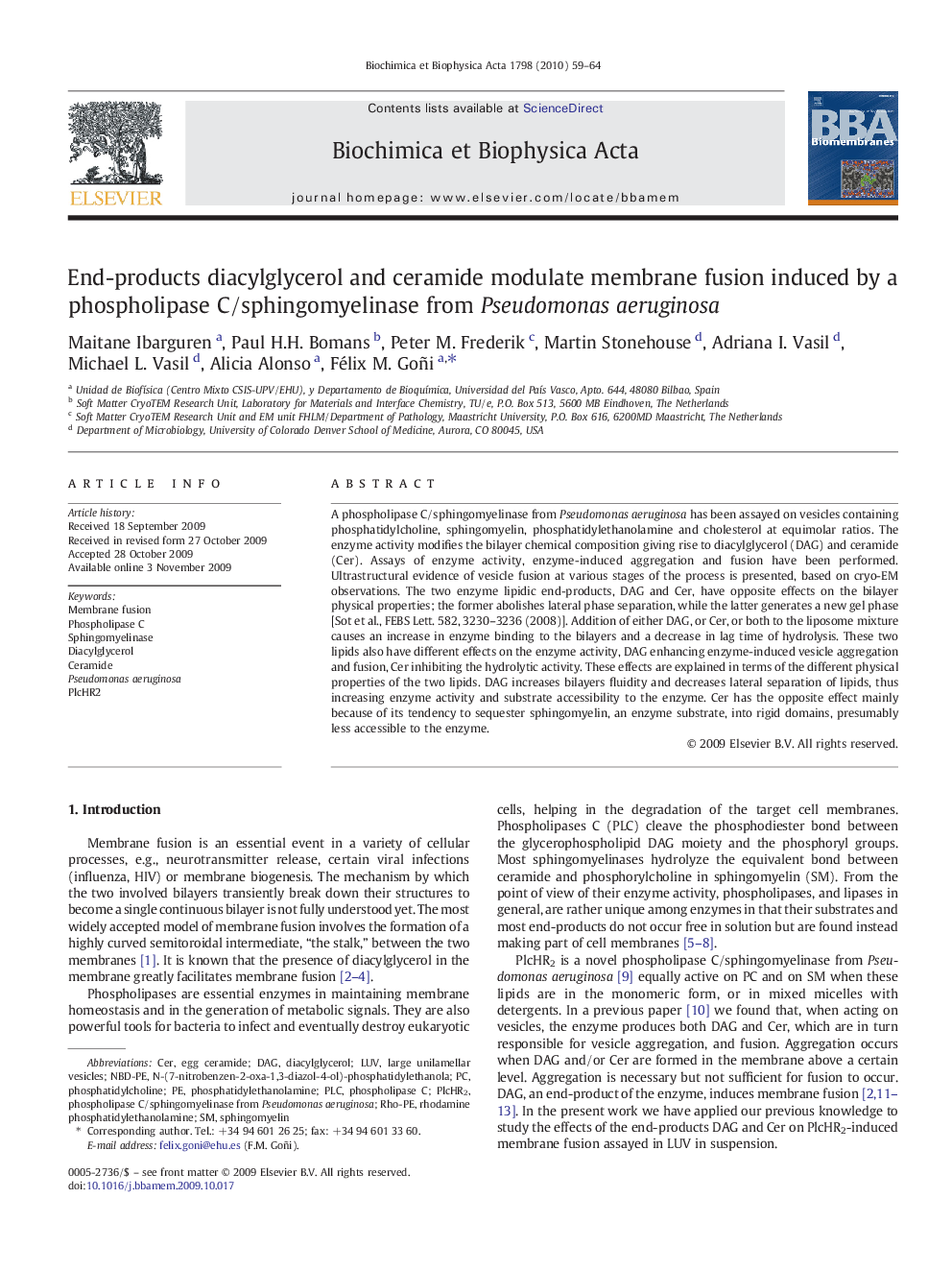 End-products diacylglycerol and ceramide modulate membrane fusion induced by a phospholipase C/sphingomyelinase from Pseudomonas aeruginosa