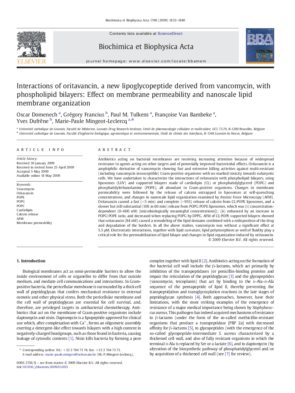 Interactions of oritavancin, a new lipoglycopeptide derived from vancomycin, with phospholipid bilayers: Effect on membrane permeability and nanoscale lipid membrane organization