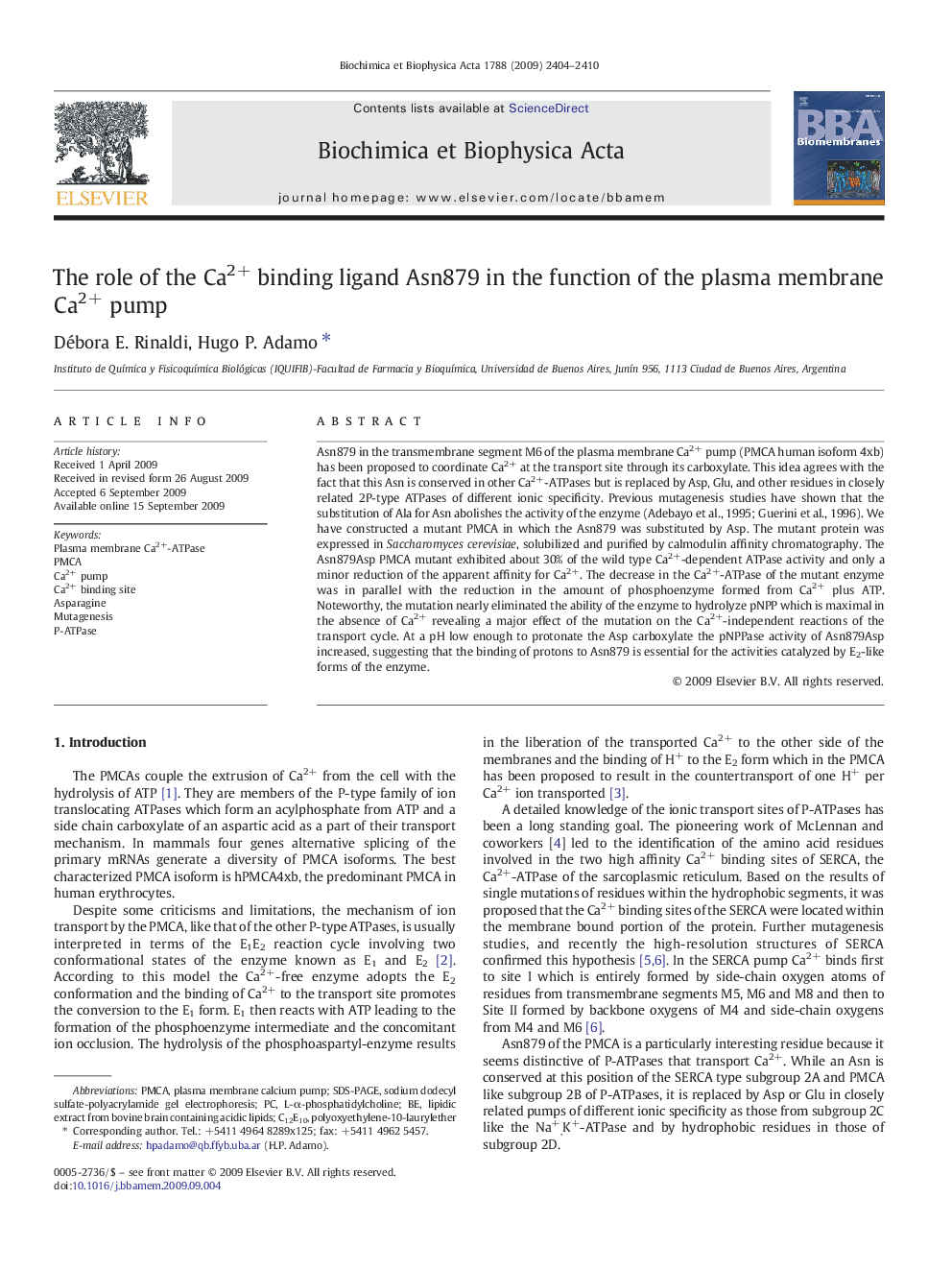 The role of the Ca2+ binding ligand Asn879 in the function of the plasma membrane Ca2+ pump