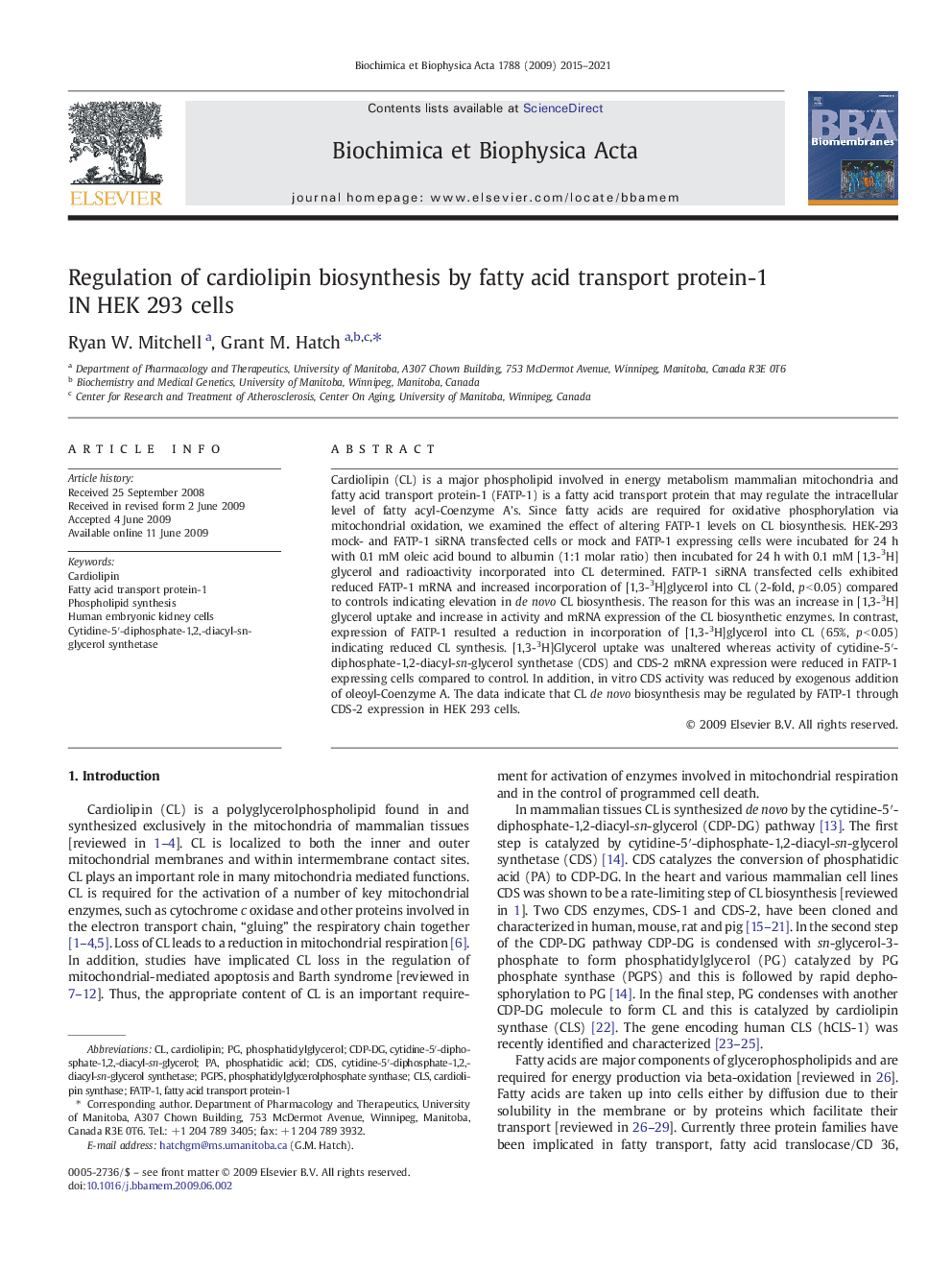 Regulation of cardiolipin biosynthesis by fatty acid transport protein-1 IN HEK 293 cells