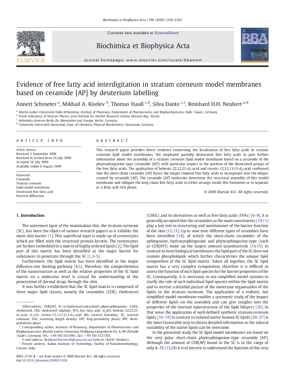 Evidence of free fatty acid interdigitation in stratum corneum model membranes based on ceramide [AP] by deuterium labelling