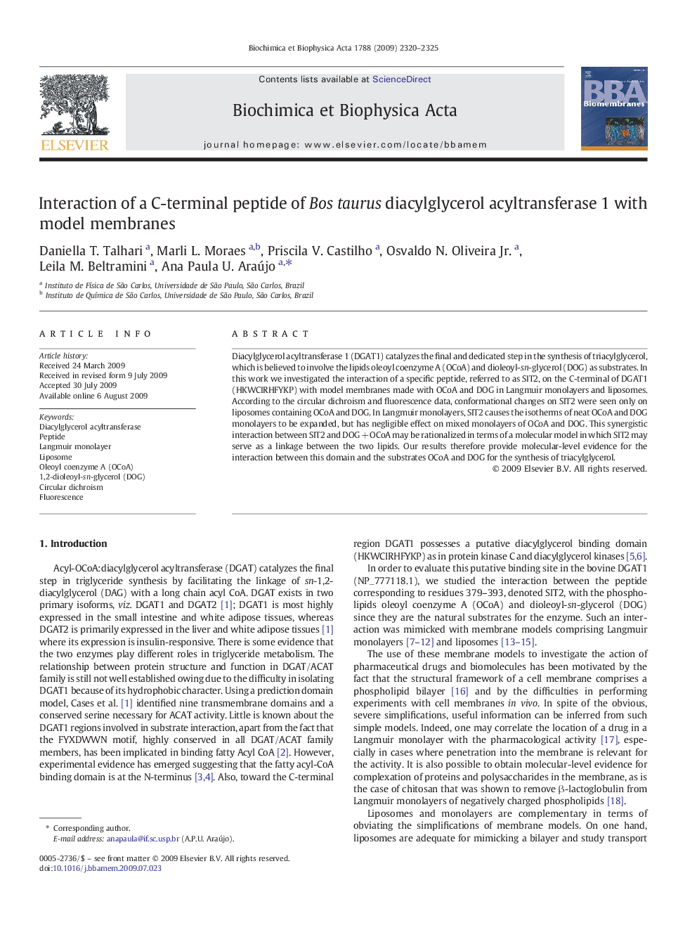 Interaction of a C-terminal peptide of Bos taurus diacylglycerol acyltransferase 1 with model membranes