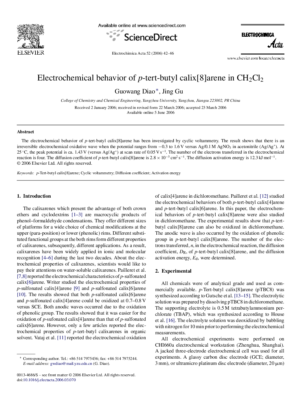 Electrochemical behavior of p-tert-butyl calix[8]arene in CH2Cl2