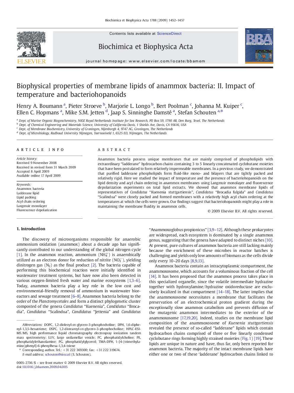 Biophysical properties of membrane lipids of anammox bacteria: II. Impact of temperature and bacteriohopanoids