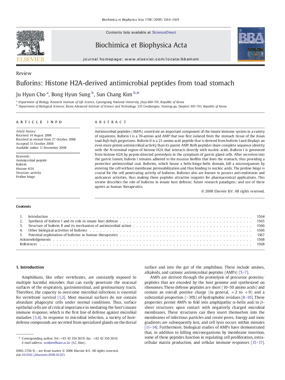 Buforins: Histone H2A-derived antimicrobial peptides from toad stomach