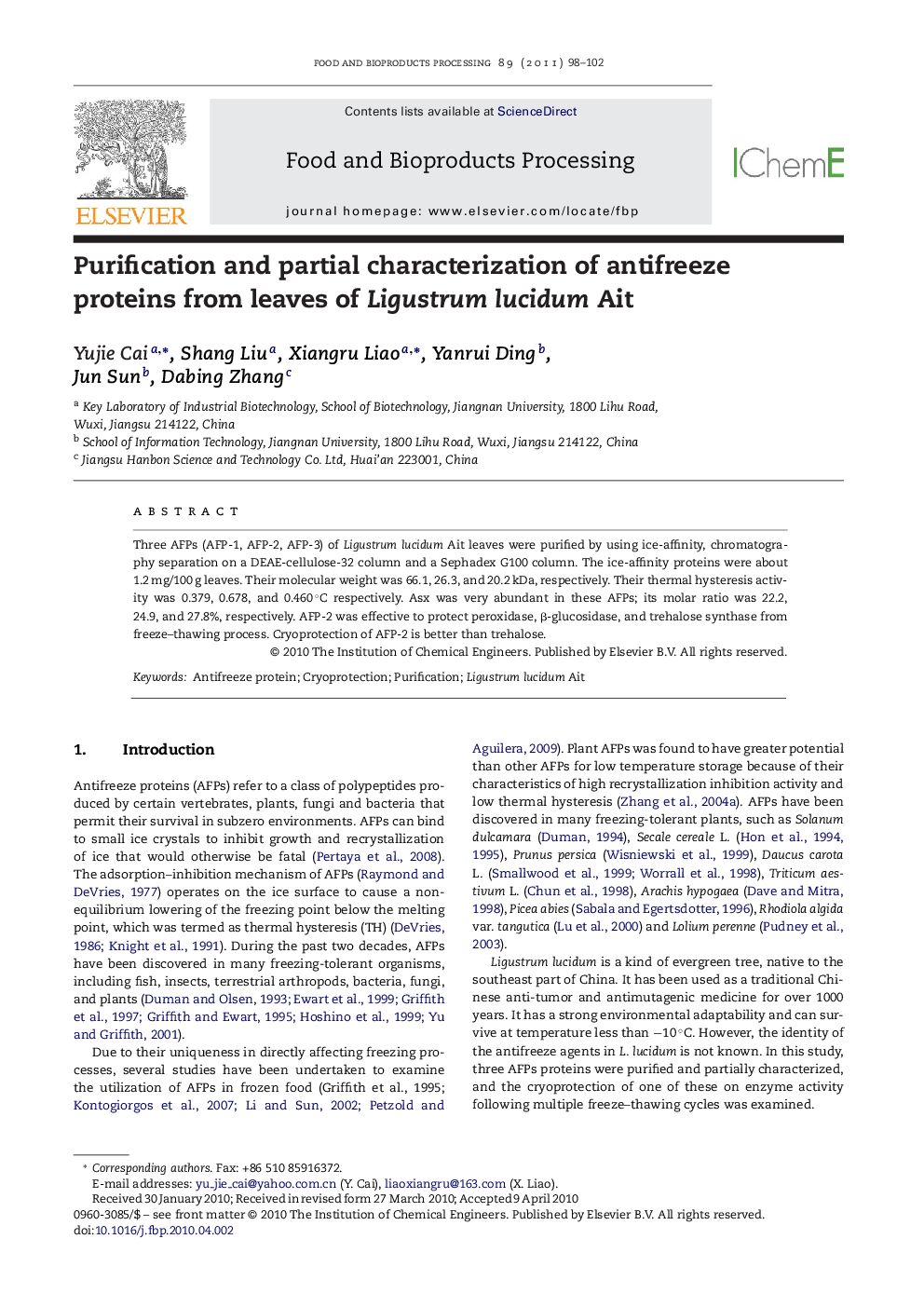 Purification and partial characterization of antifreeze proteins from leaves of Ligustrum lucidum Ait