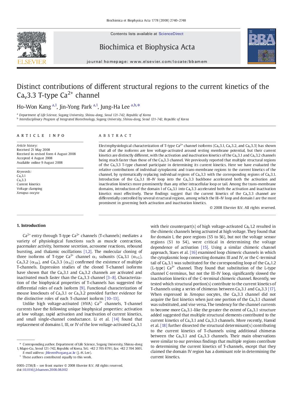 Distinct contributions of different structural regions to the current kinetics of the Cav3.3 T-type Ca2+ channel