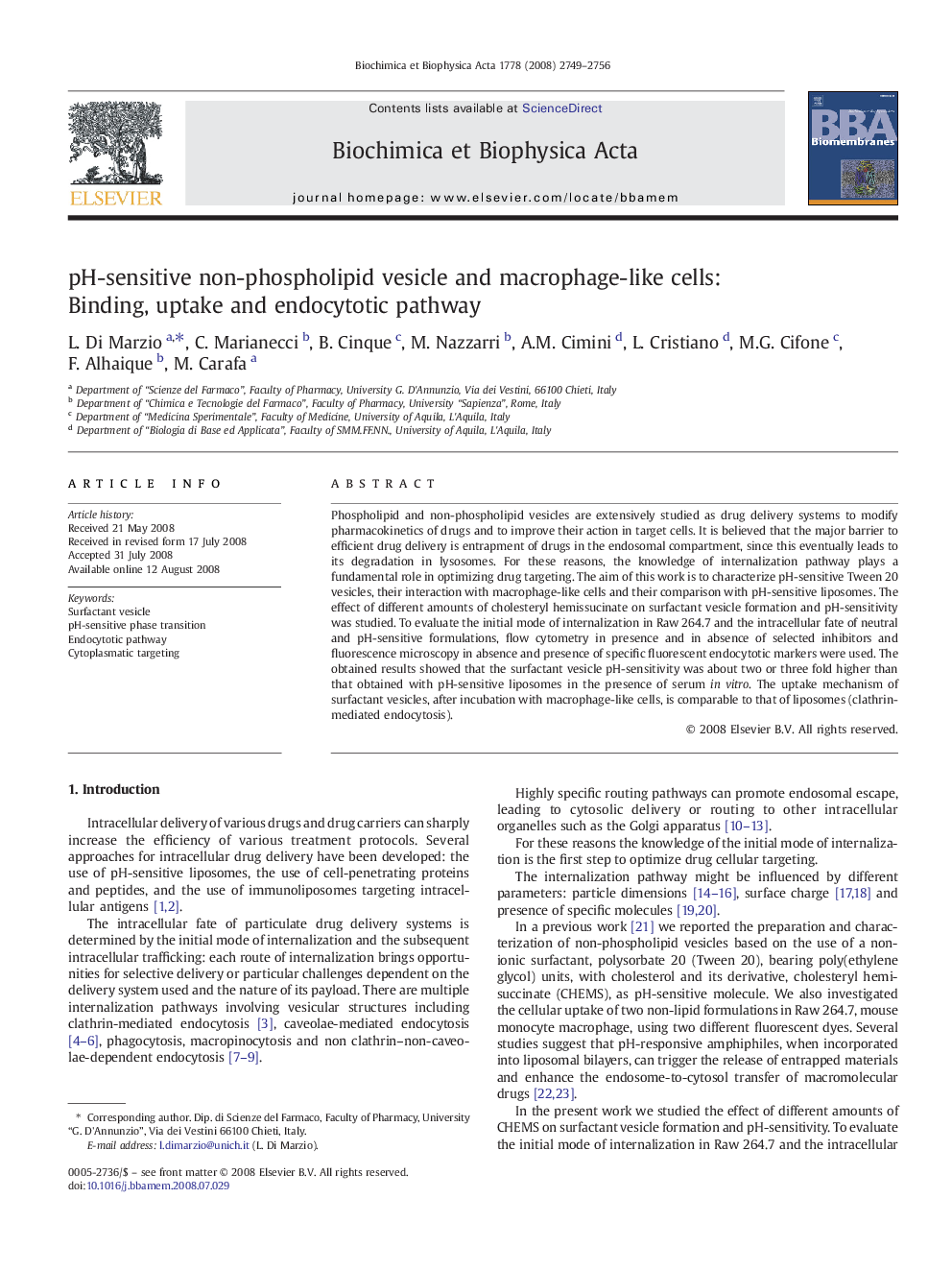 pH-sensitive non-phospholipid vesicle and macrophage-like cells: Binding, uptake and endocytotic pathway