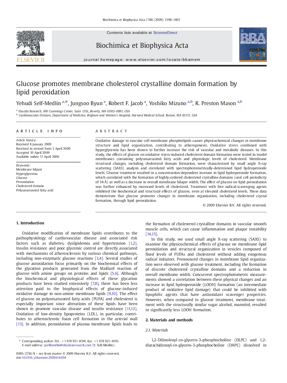 Glucose promotes membrane cholesterol crystalline domain formation by lipid peroxidation