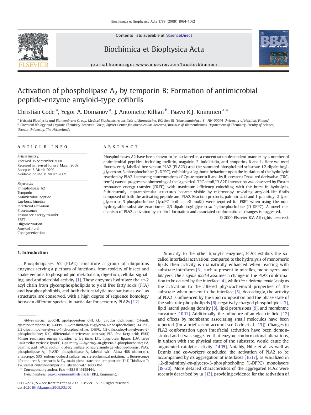 Activation of phospholipase A2 by temporin B: Formation of antimicrobial peptide-enzyme amyloid-type cofibrils