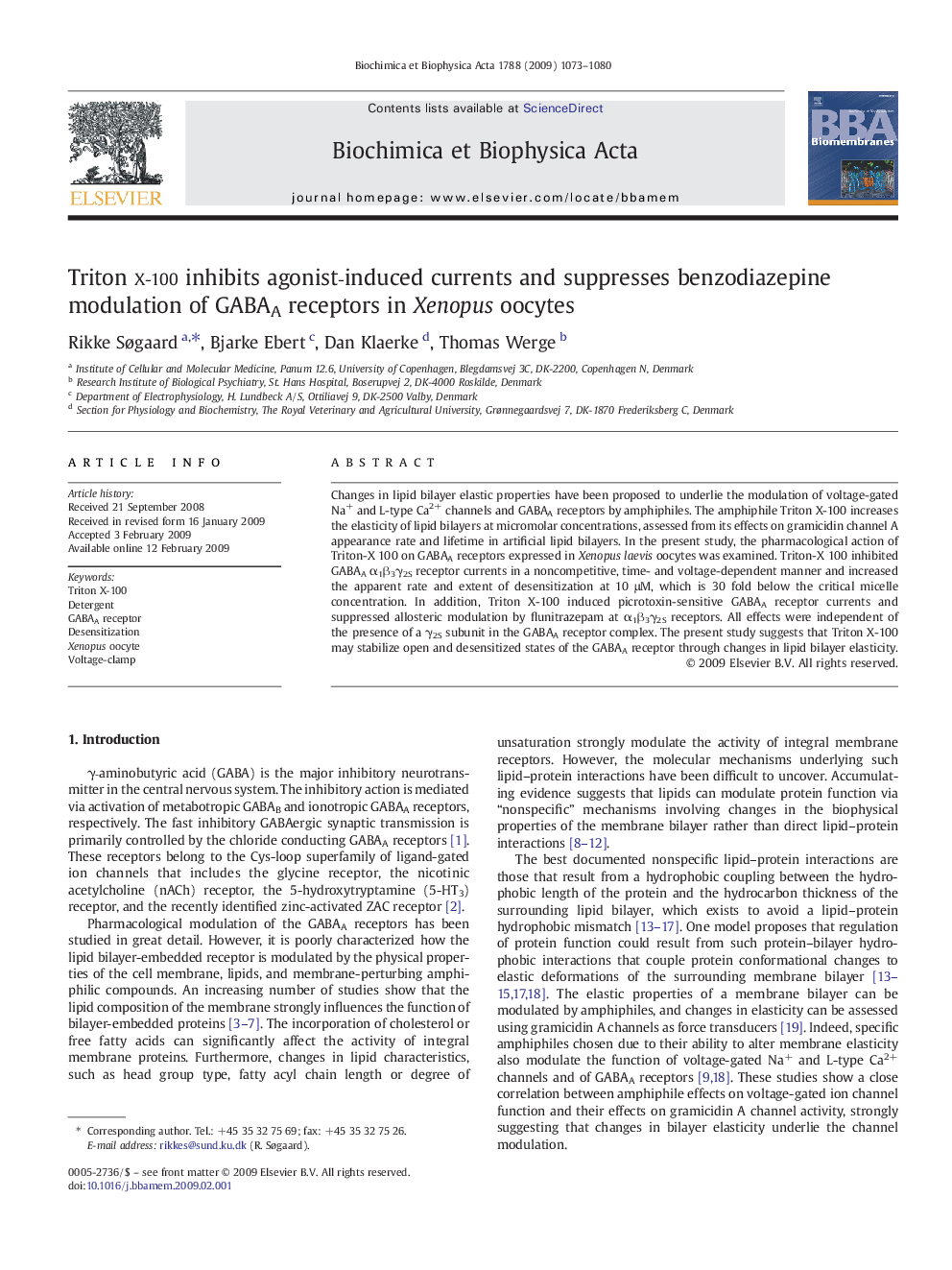 Triton x-100 inhibits agonist-induced currents and suppresses benzodiazepine modulation of GABAA receptors in Xenopus oocytes