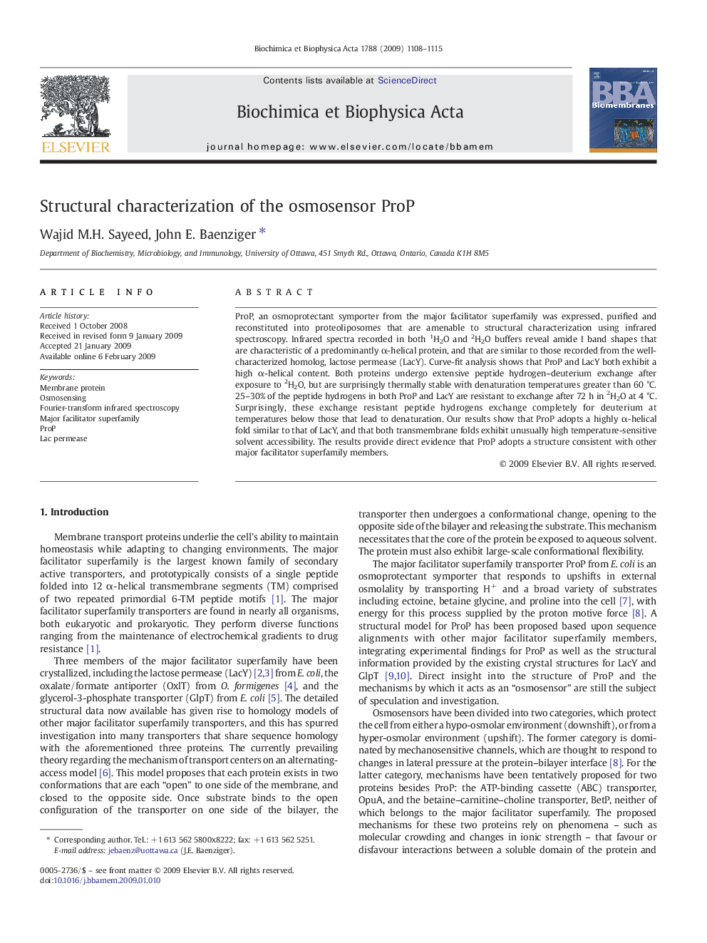 Structural characterization of the osmosensor ProP