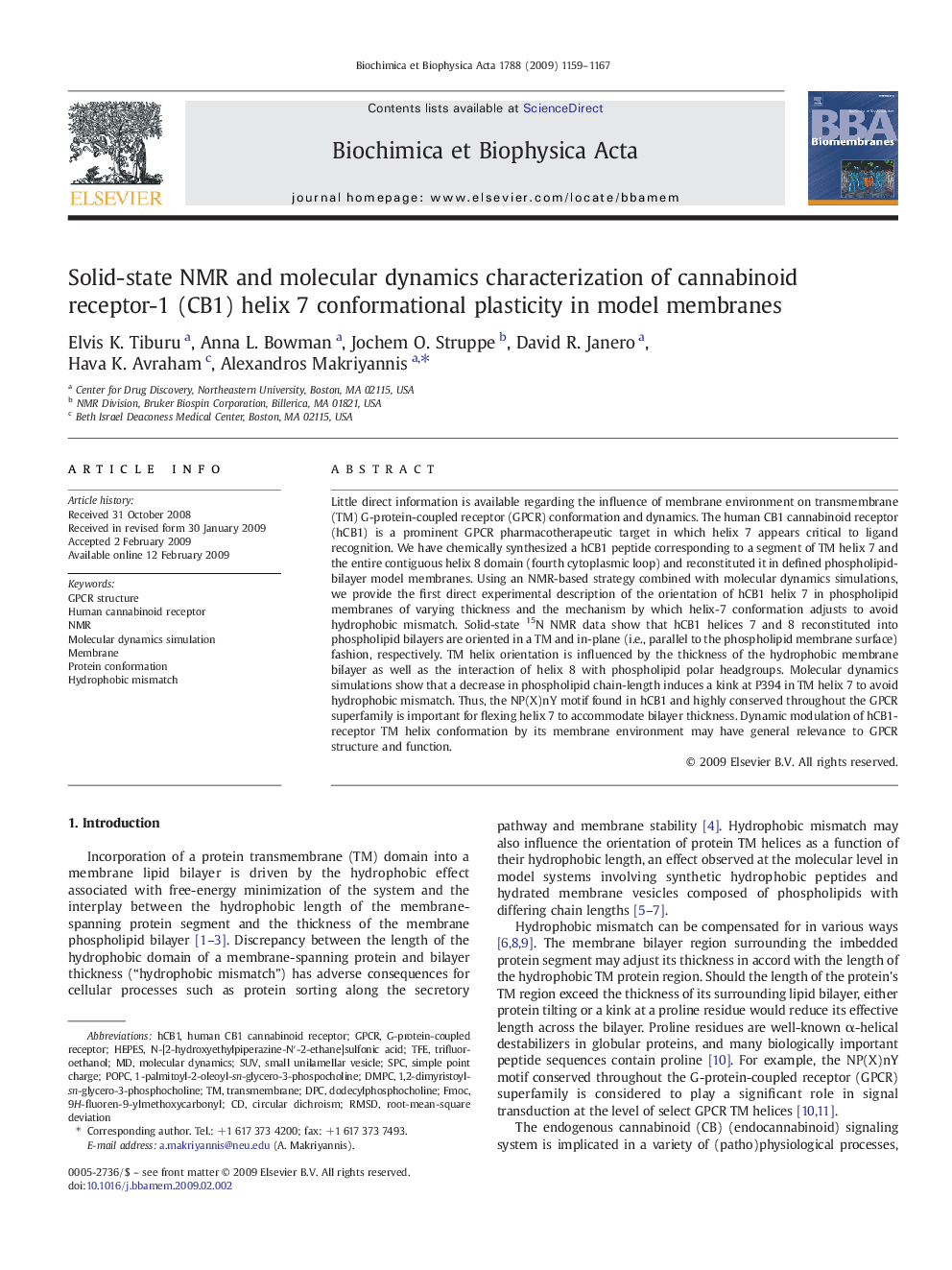 Solid-state NMR and molecular dynamics characterization of cannabinoid receptor-1 (CB1) helix 7 conformational plasticity in model membranes