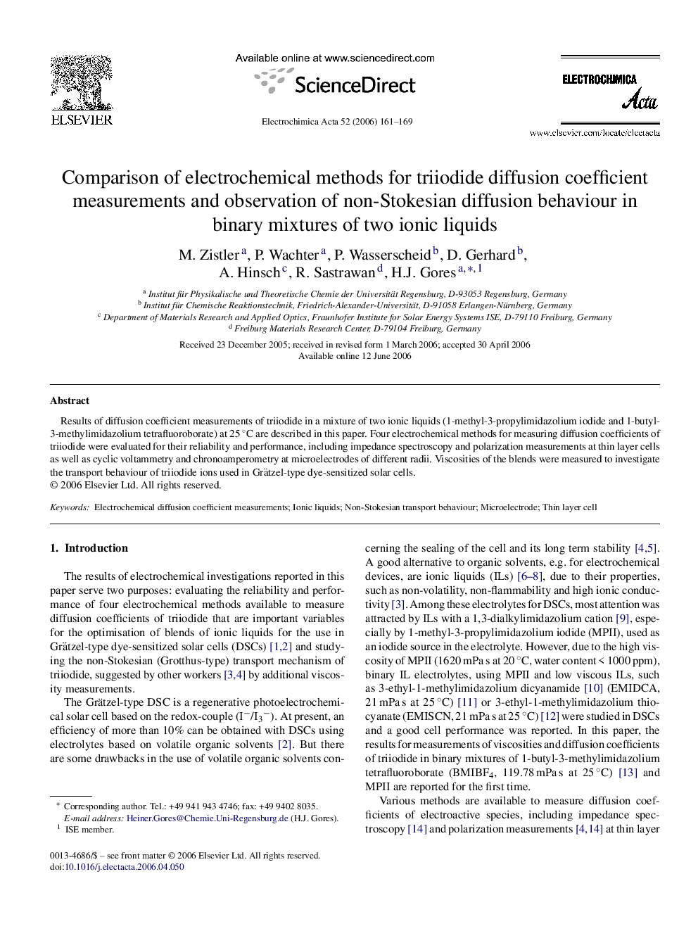 Comparison of electrochemical methods for triiodide diffusion coefficient measurements and observation of non-Stokesian diffusion behaviour in binary mixtures of two ionic liquids