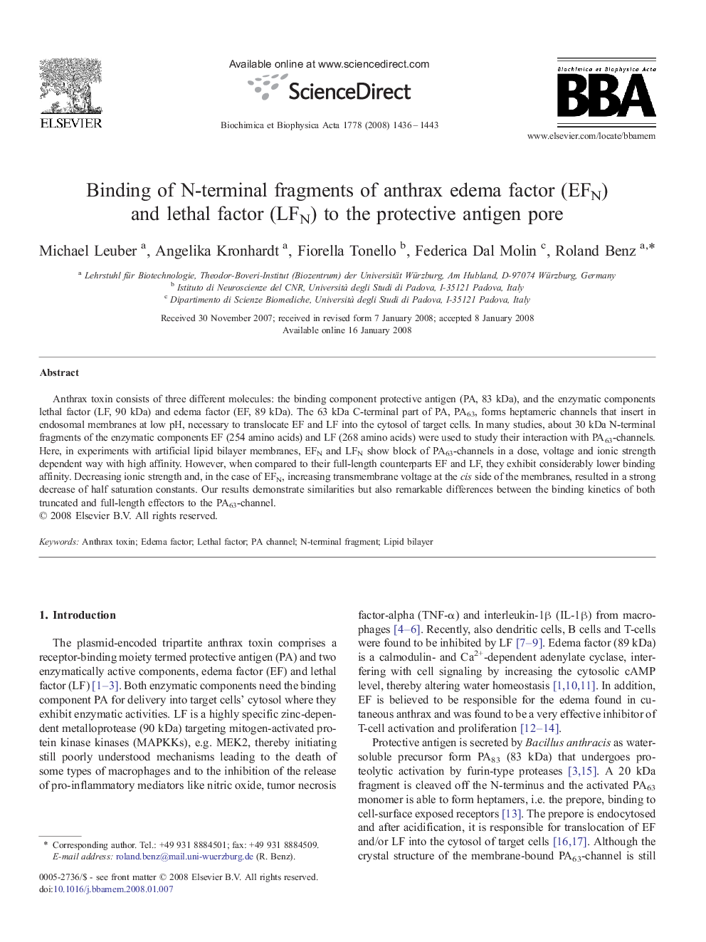 Binding of N-terminal fragments of anthrax edema factor (EFN) and lethal factor (LFN) to the protective antigen pore