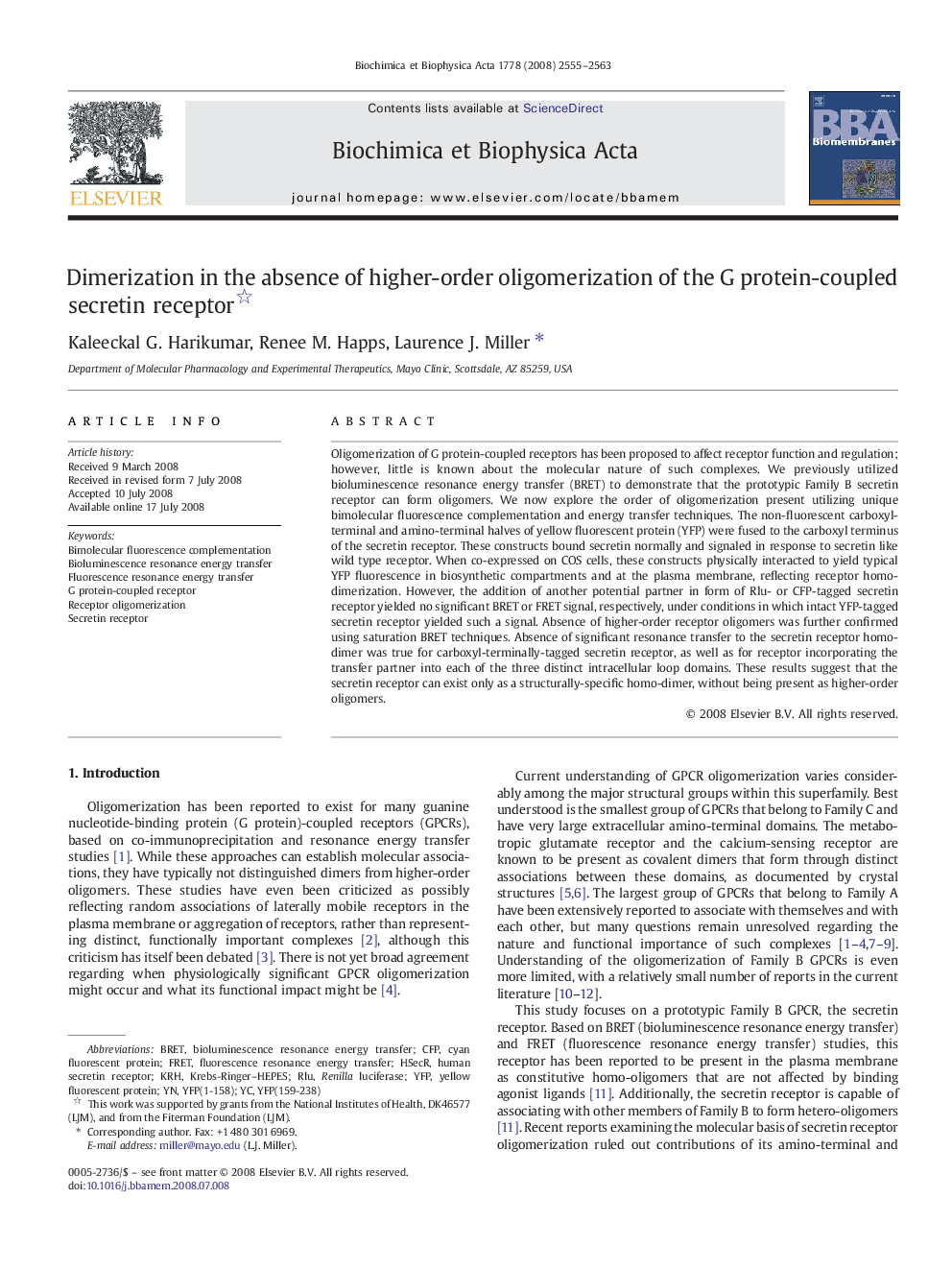 Dimerization in the absence of higher-order oligomerization of the G protein-coupled secretin receptor 