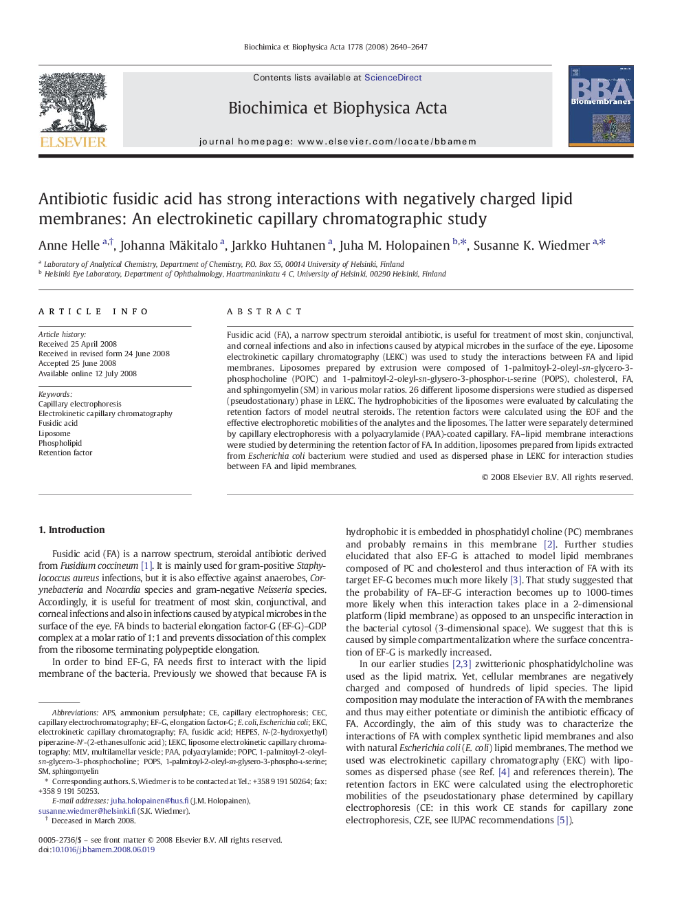 Antibiotic fusidic acid has strong interactions with negatively charged lipid membranes: An electrokinetic capillary chromatographic study