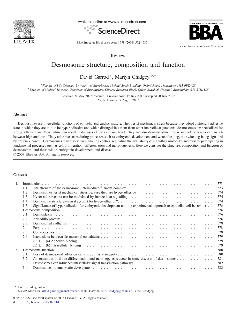 Desmosome structure, composition and function