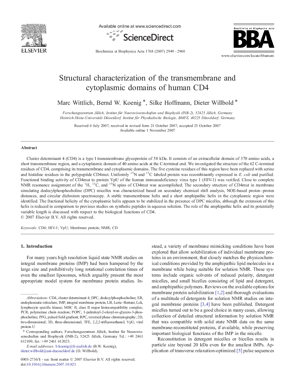 Structural characterization of the transmembrane and cytoplasmic domains of human CD4