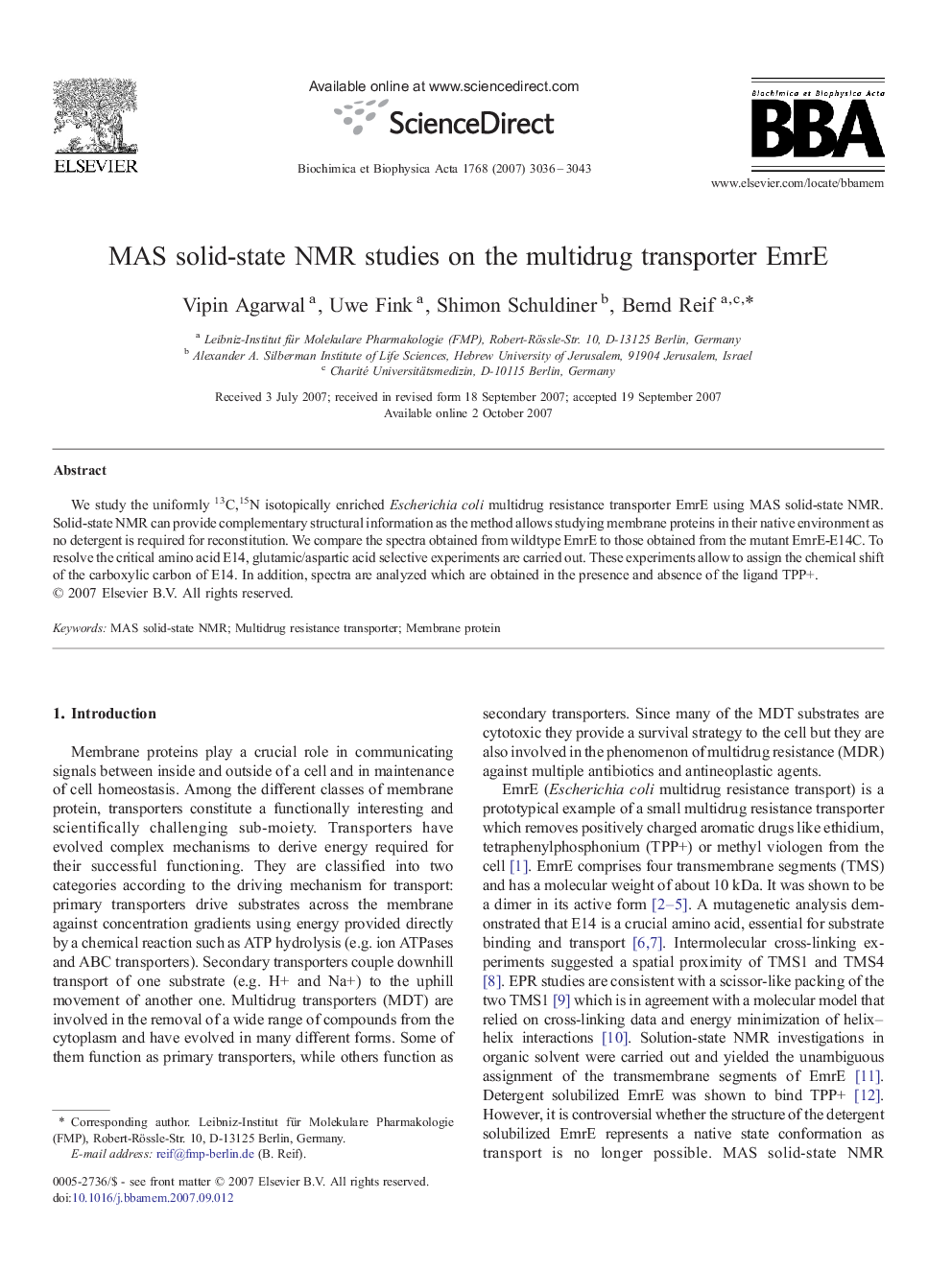 MAS solid-state NMR studies on the multidrug transporter EmrE