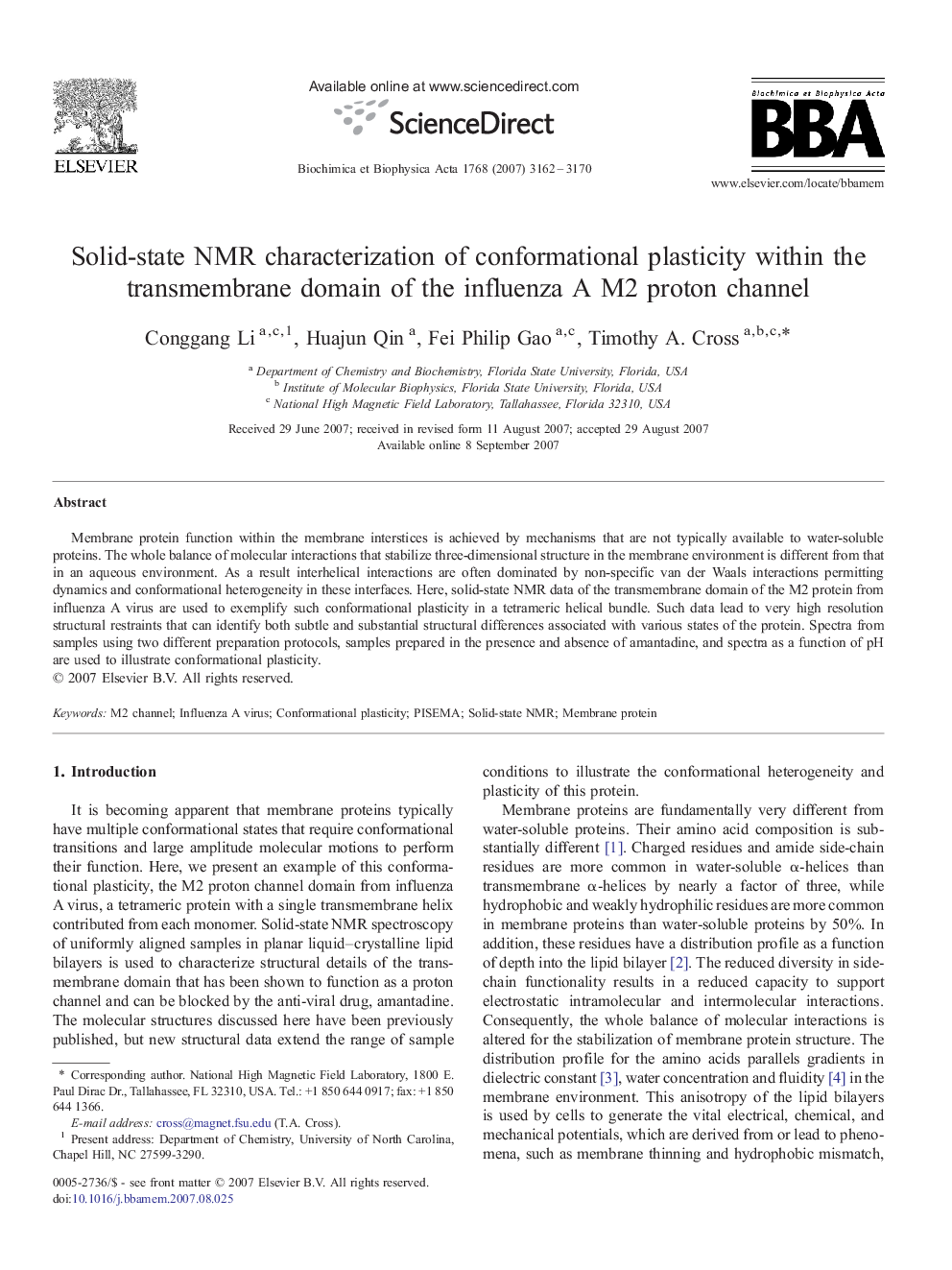 Solid-state NMR characterization of conformational plasticity within the transmembrane domain of the influenza A M2 proton channel