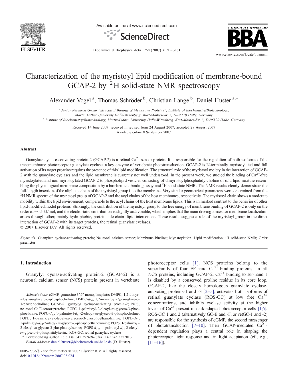 Characterization of the myristoyl lipid modification of membrane-bound GCAP-2 by 2H solid-state NMR spectroscopy