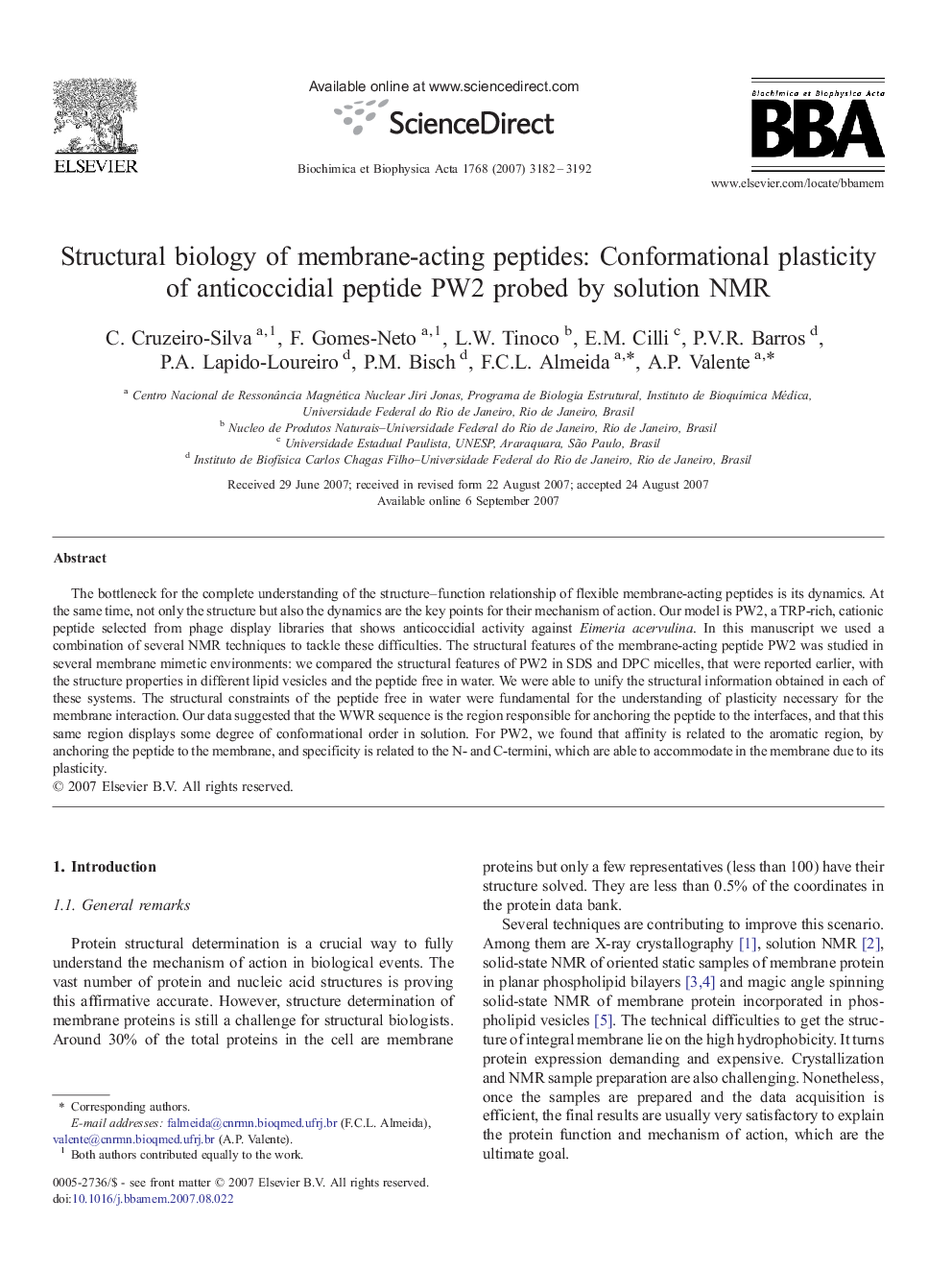 Structural biology of membrane-acting peptides: Conformational plasticity of anticoccidial peptide PW2 probed by solution NMR