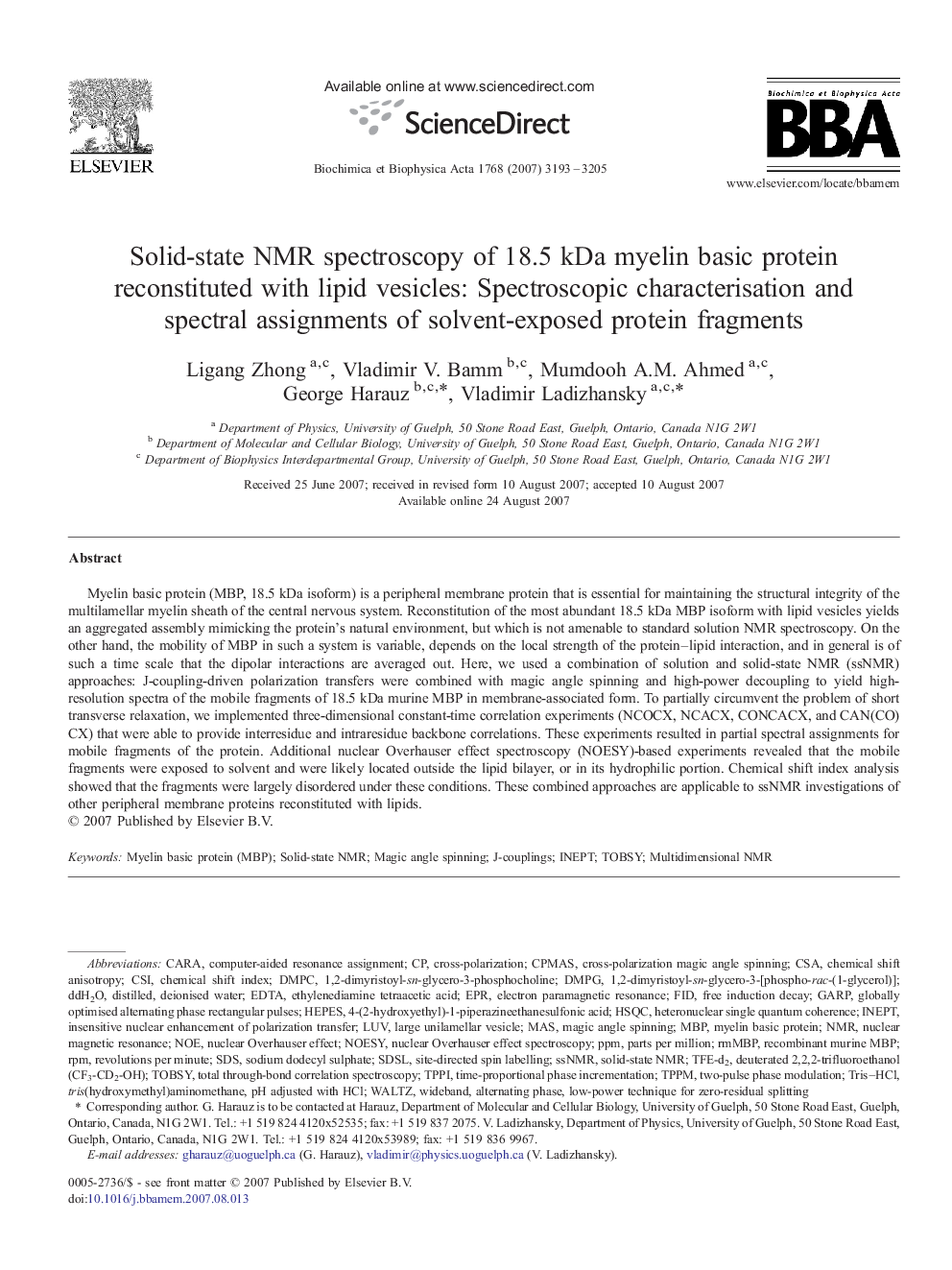 Solid-state NMR spectroscopy of 18.5 kDa myelin basic protein reconstituted with lipid vesicles: Spectroscopic characterisation and spectral assignments of solvent-exposed protein fragments