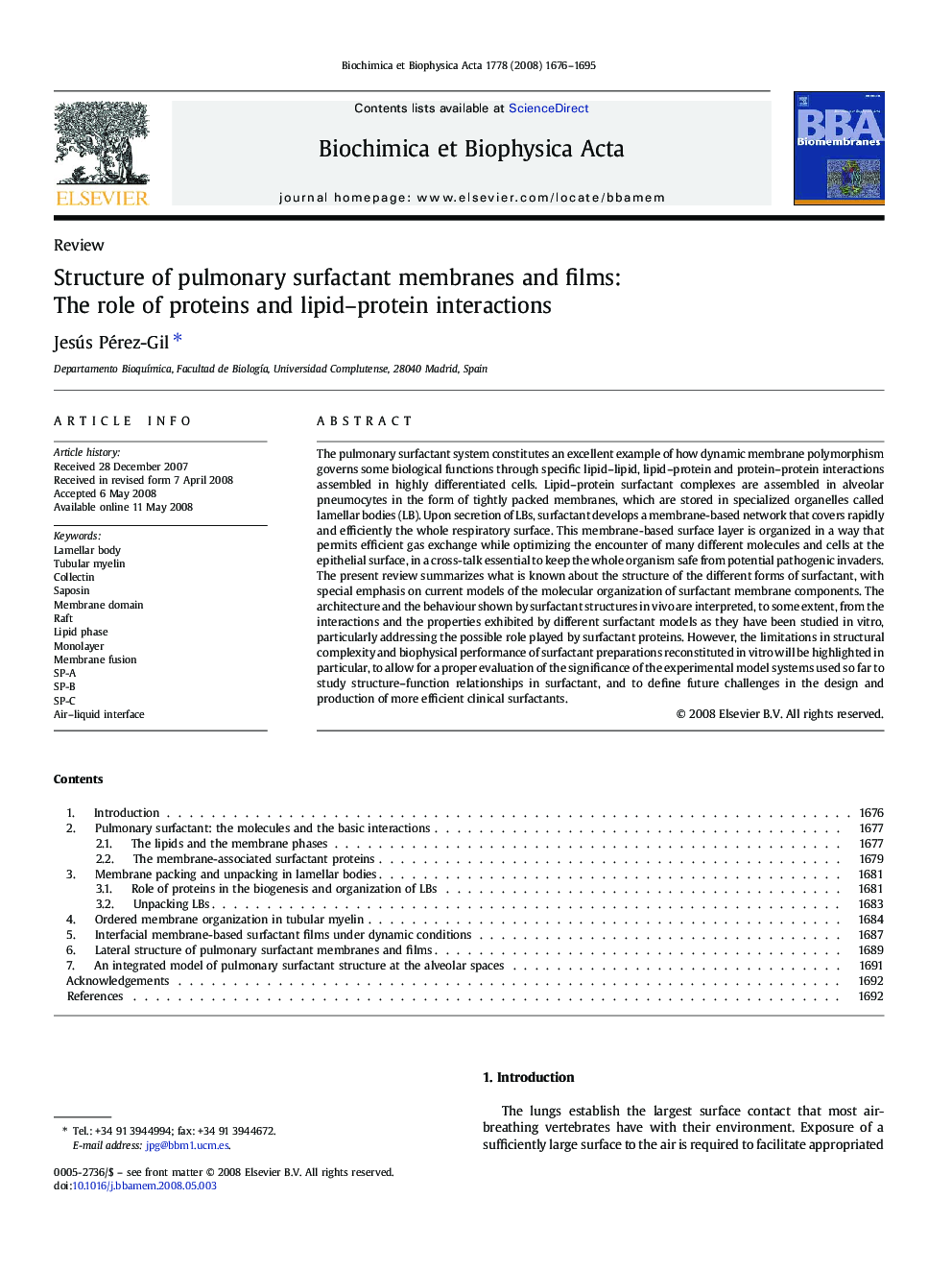 Structure of pulmonary surfactant membranes and films: The role of proteins and lipid–protein interactions