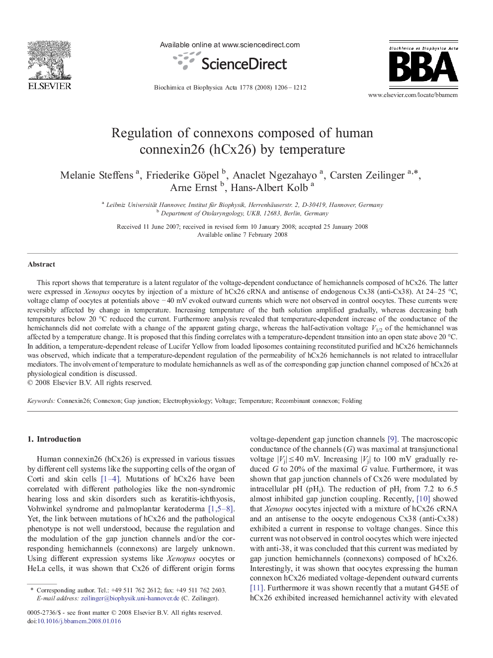 Regulation of connexons composed of human connexin26 (hCx26) by temperature