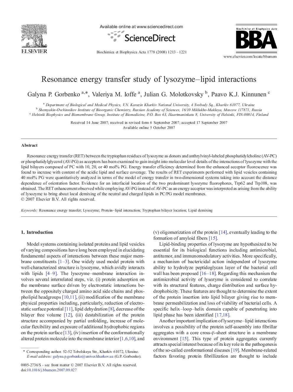 Resonance energy transfer study of lysozyme–lipid interactions