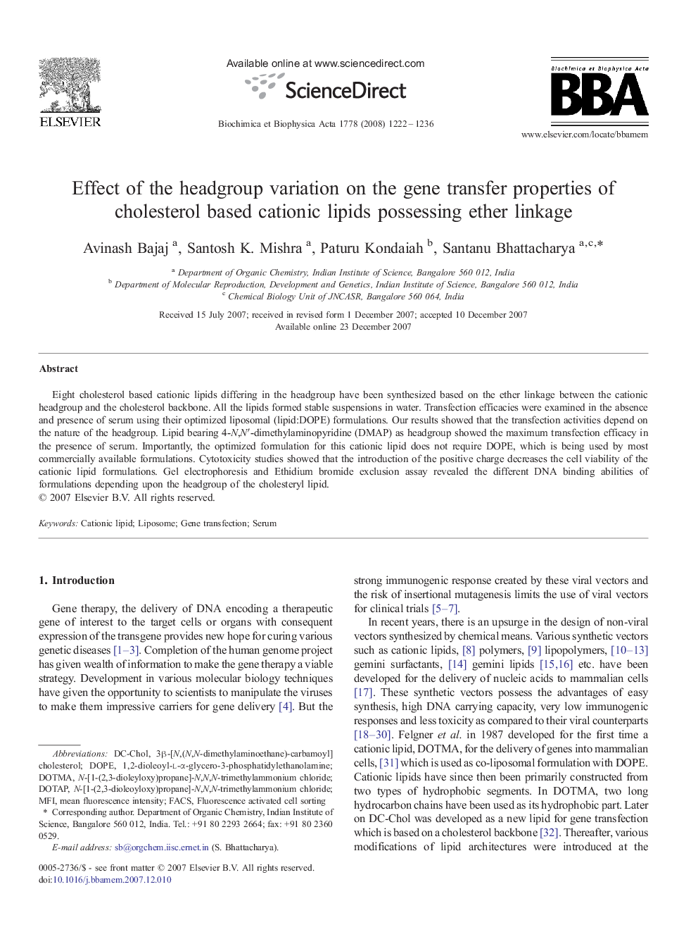 Effect of the headgroup variation on the gene transfer properties of cholesterol based cationic lipids possessing ether linkage