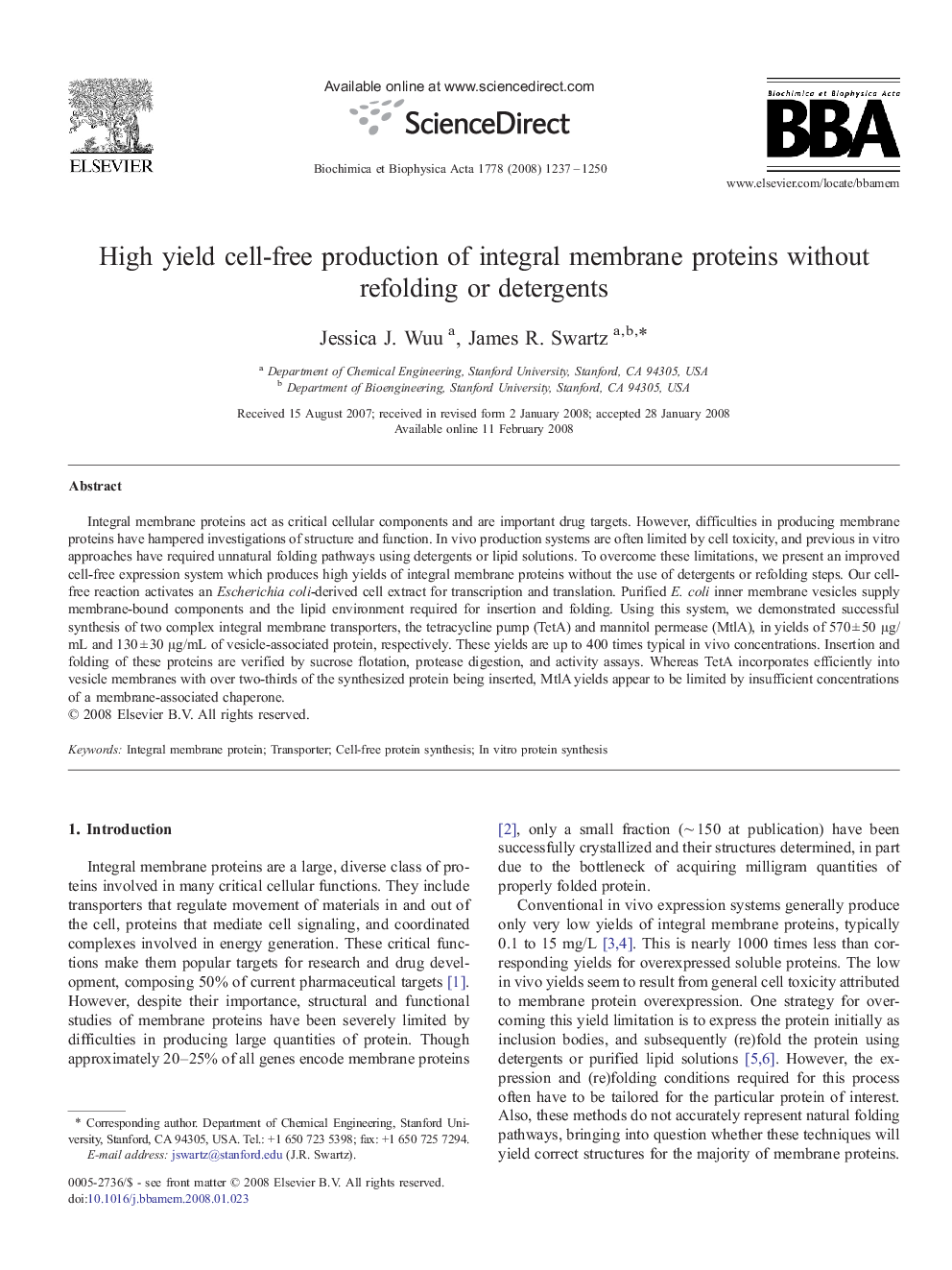 High yield cell-free production of integral membrane proteins without refolding or detergents