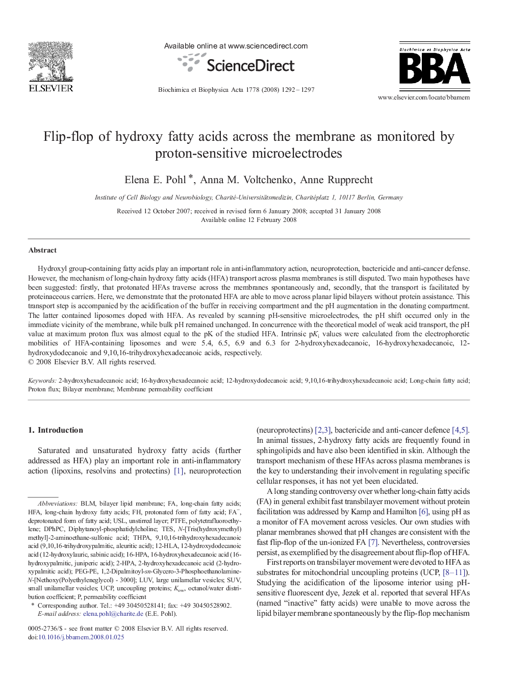 Flip-flop of hydroxy fatty acids across the membrane as monitored by proton-sensitive microelectrodes