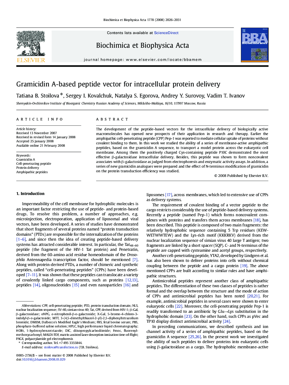 Gramicidin A-based peptide vector for intracellular protein delivery