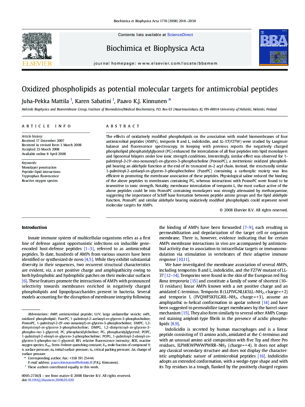 Oxidized phospholipids as potential molecular targets for antimicrobial peptides