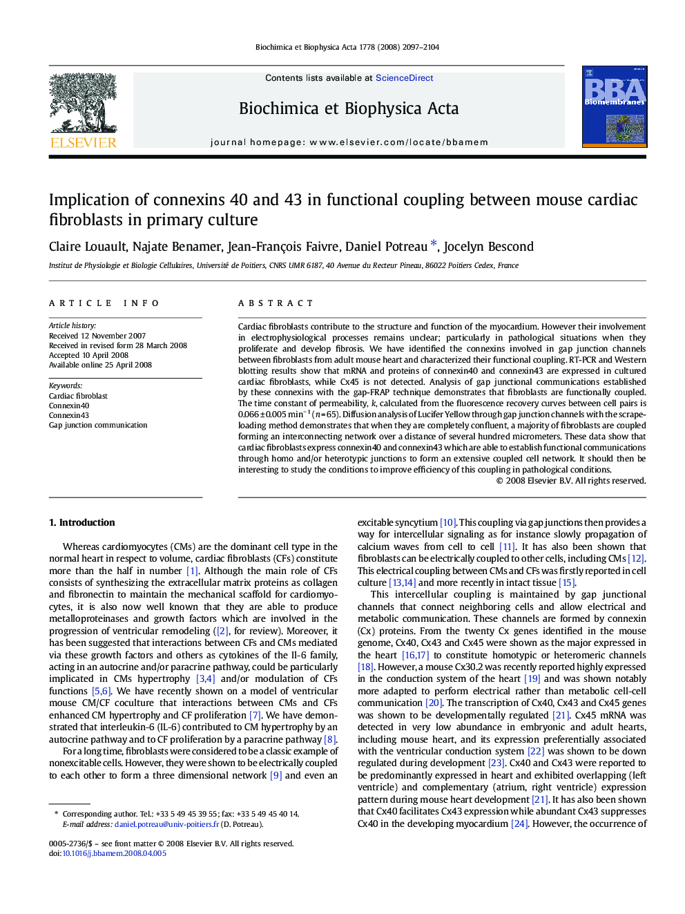 Implication of connexins 40 and 43 in functional coupling between mouse cardiac fibroblasts in primary culture