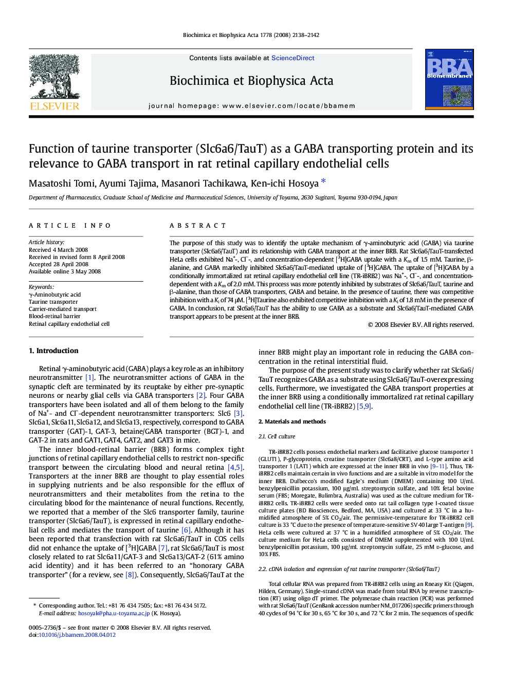 Function of taurine transporter (Slc6a6/TauT) as a GABA transporting protein and its relevance to GABA transport in rat retinal capillary endothelial cells