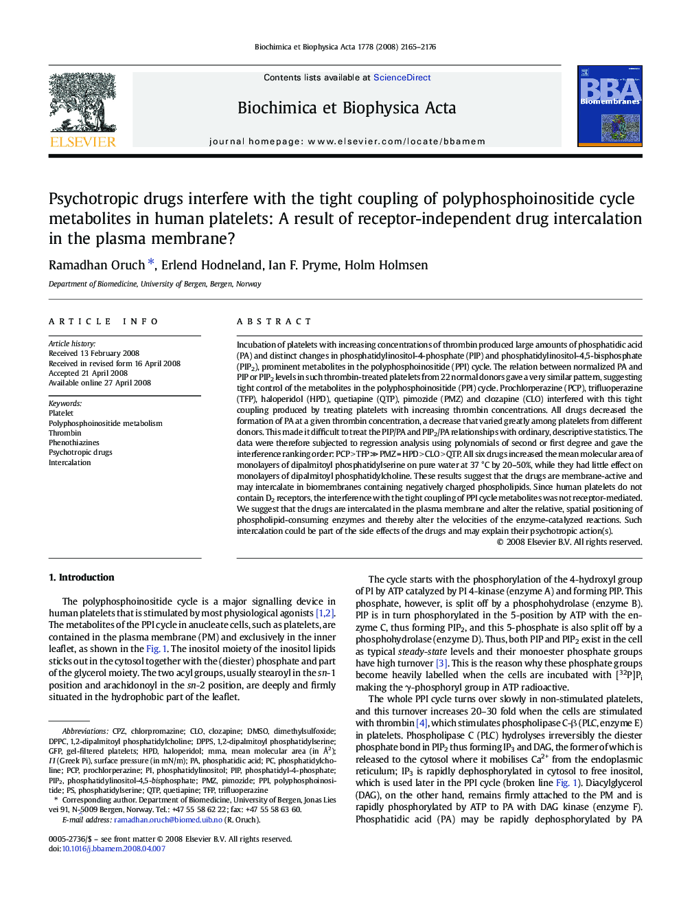 Psychotropic drugs interfere with the tight coupling of polyphosphoinositide cycle metabolites in human platelets: A result of receptor-independent drug intercalation in the plasma membrane?