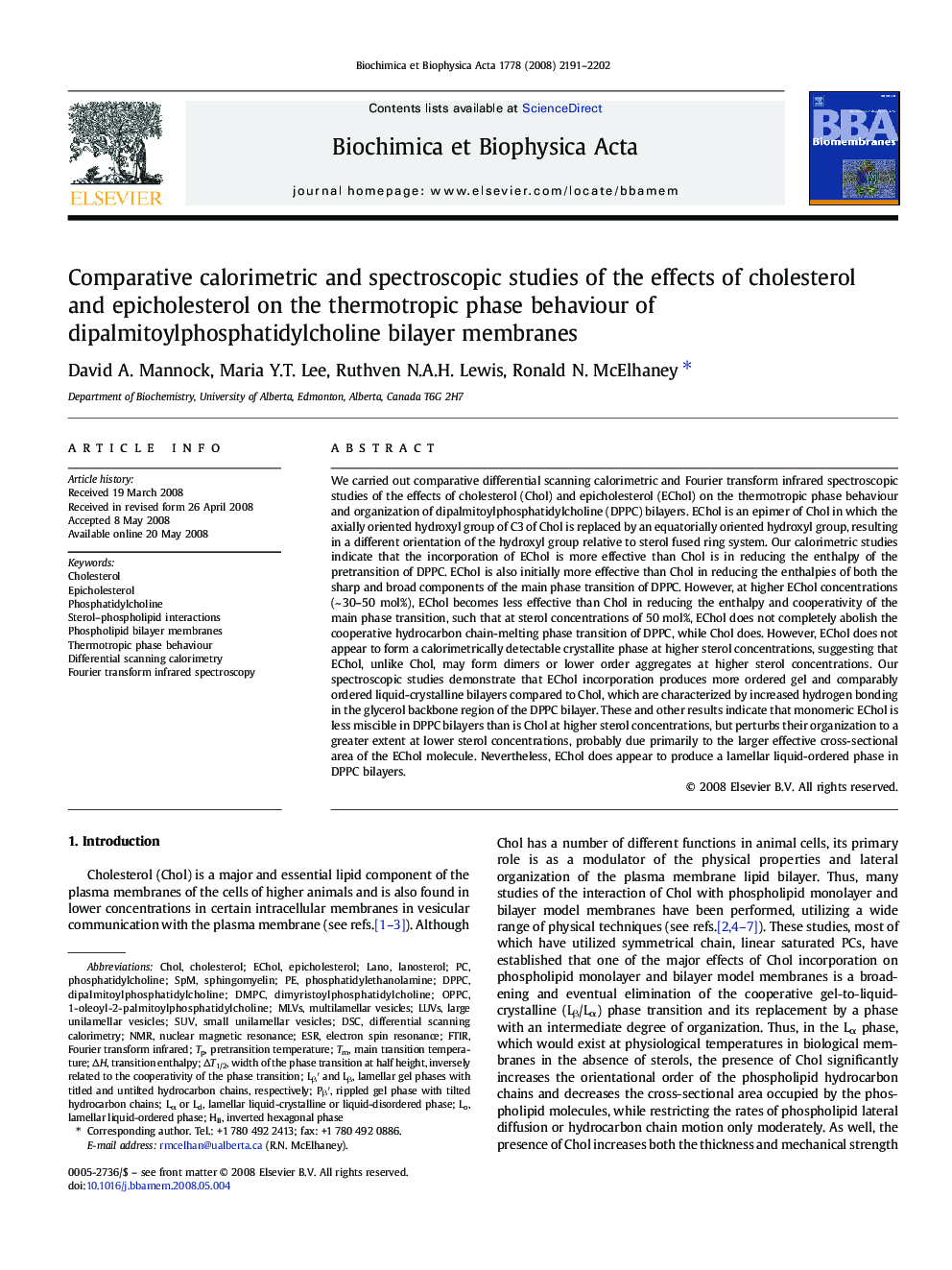 Comparative calorimetric and spectroscopic studies of the effects of cholesterol and epicholesterol on the thermotropic phase behaviour of dipalmitoylphosphatidylcholine bilayer membranes