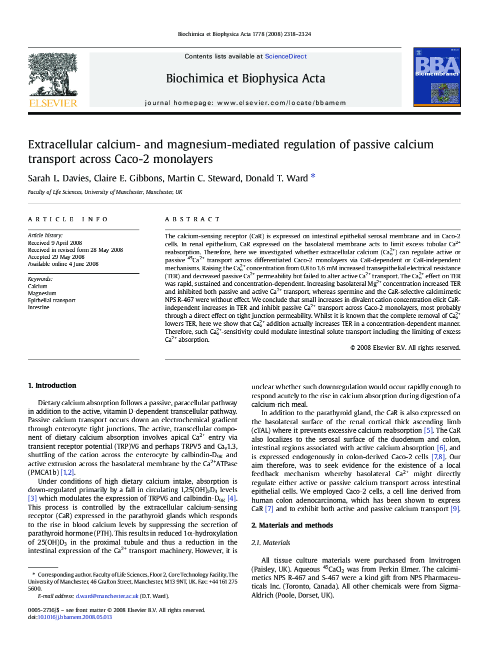 Extracellular calcium- and magnesium-mediated regulation of passive calcium transport across Caco-2 monolayers