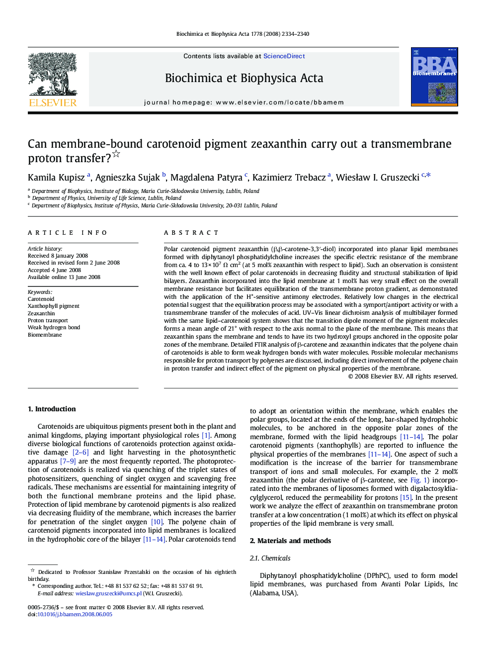 Can membrane-bound carotenoid pigment zeaxanthin carry out a transmembrane proton transfer? 