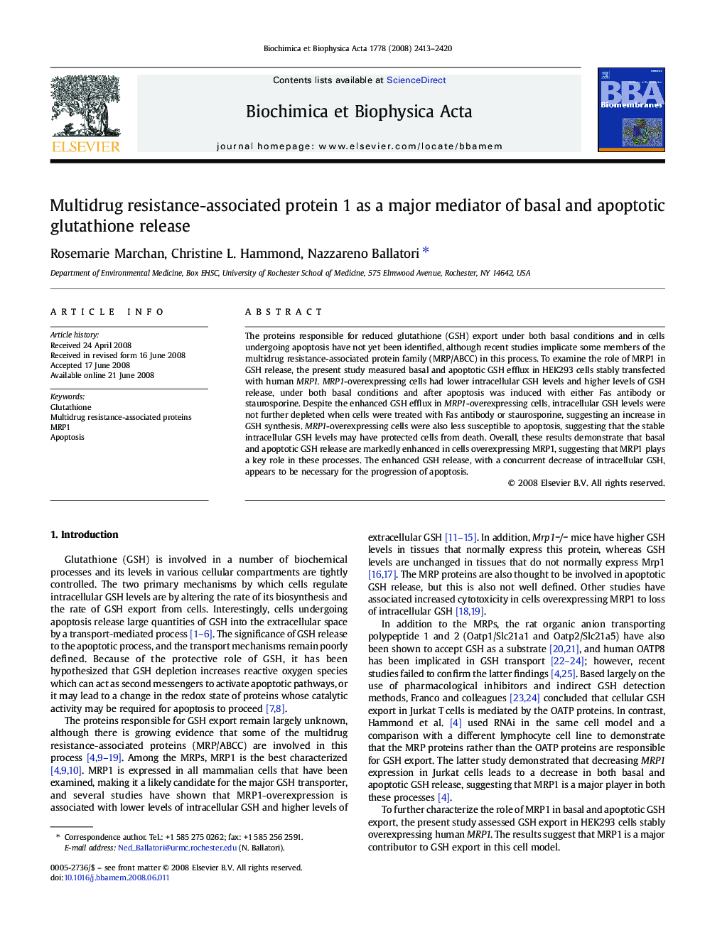 Multidrug resistance-associated protein 1 as a major mediator of basal and apoptotic glutathione release