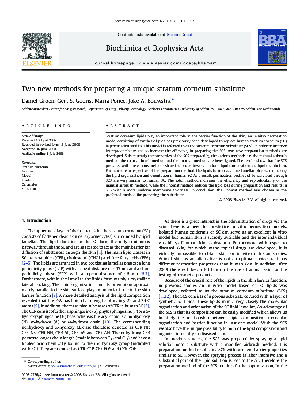 Two new methods for preparing a unique stratum corneum substitute