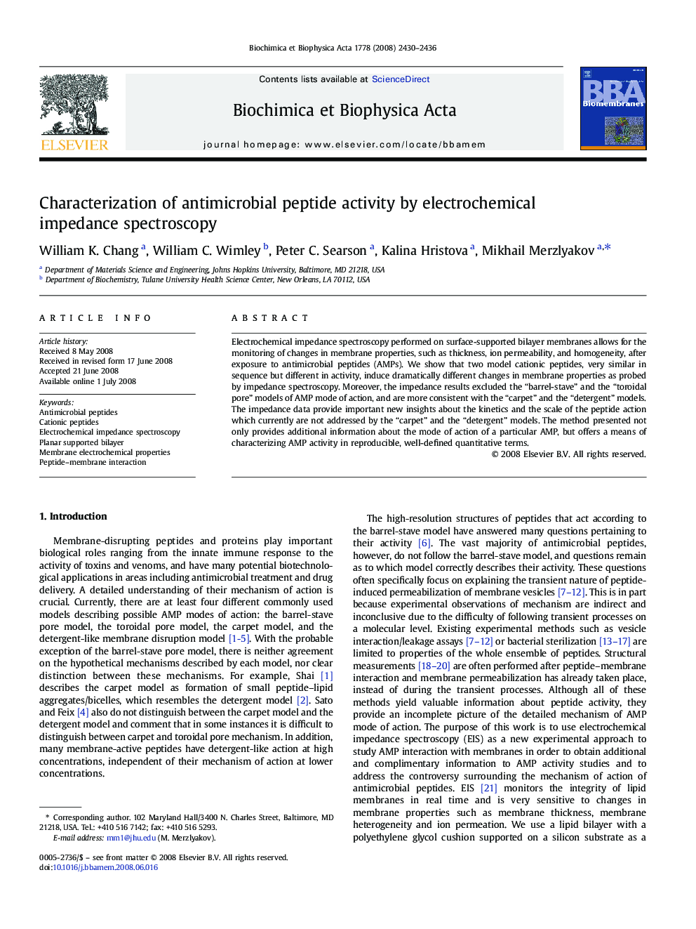 Characterization of antimicrobial peptide activity by electrochemical impedance spectroscopy