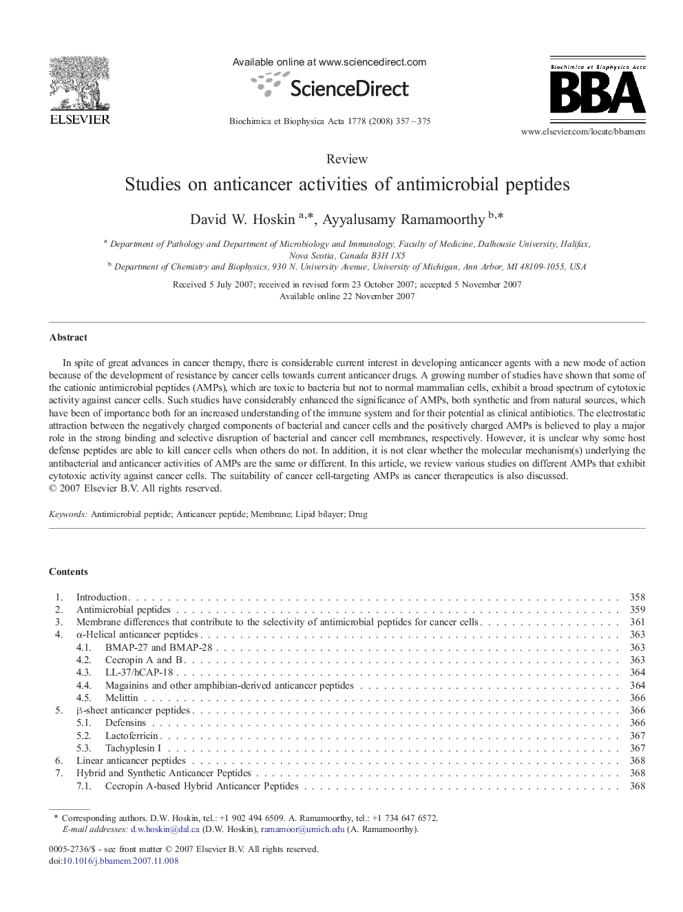 Studies on anticancer activities of antimicrobial peptides