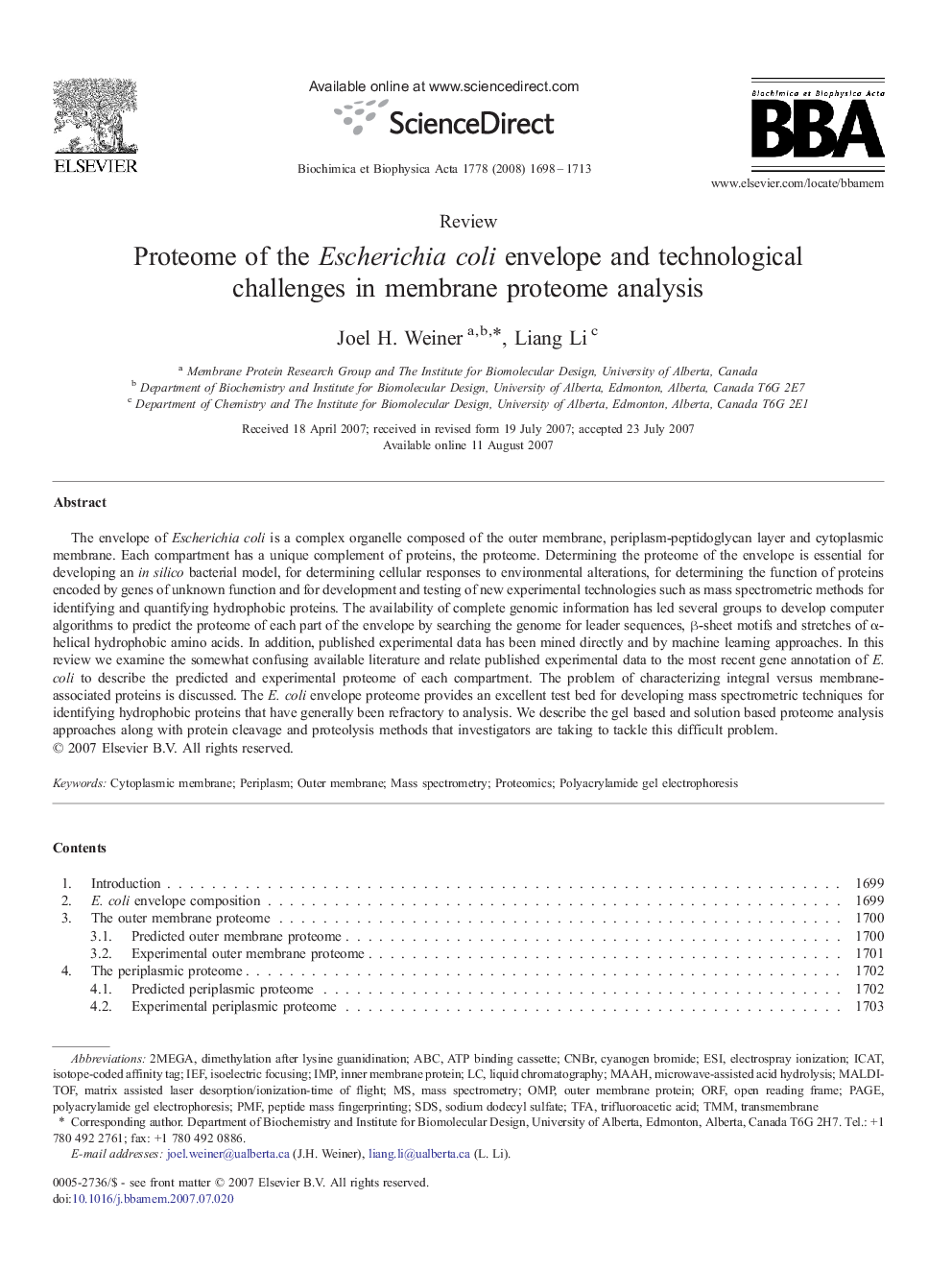 Proteome of the Escherichia coli envelope and technological challenges in membrane proteome analysis