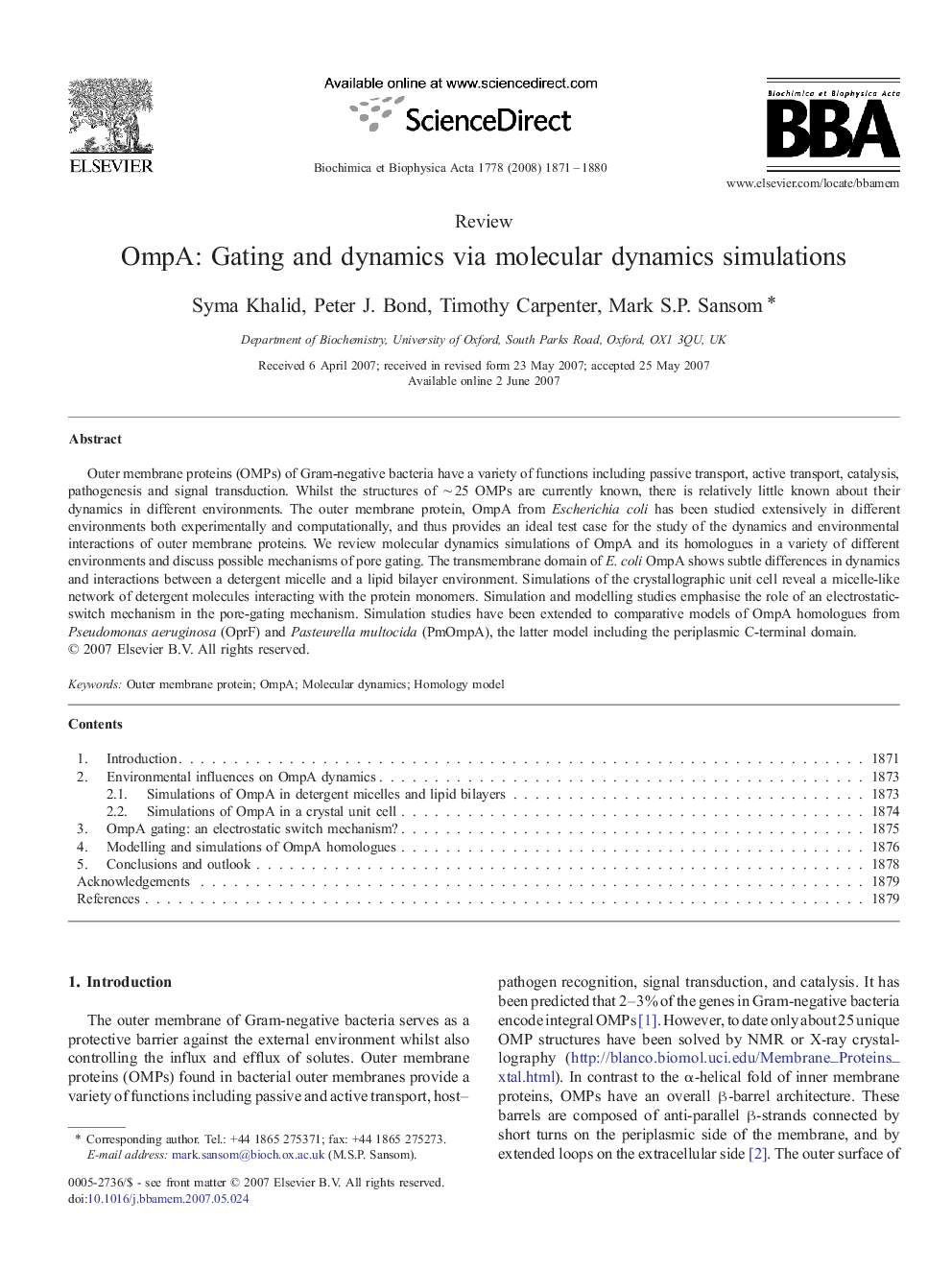 OmpA: Gating and dynamics via molecular dynamics simulations