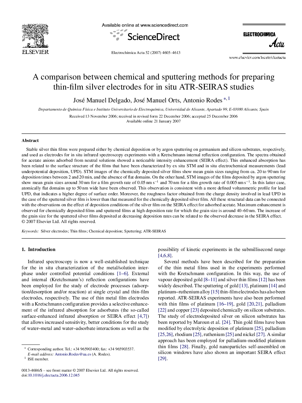 A comparison between chemical and sputtering methods for preparing thin-film silver electrodes for in situ ATR-SEIRAS studies